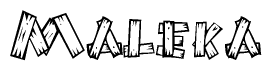 The image contains the name Maleka written in a decorative, stylized font with a hand-drawn appearance. The lines are made up of what appears to be planks of wood, which are nailed together