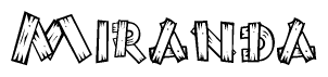 The clipart image shows the name Miranda stylized to look as if it has been constructed out of wooden planks or logs. Each letter is designed to resemble pieces of wood.