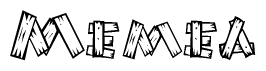 The image contains the name Memea written in a decorative, stylized font with a hand-drawn appearance. The lines are made up of what appears to be planks of wood, which are nailed together
