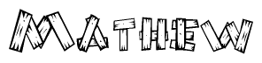 The image contains the name Mathew written in a decorative, stylized font with a hand-drawn appearance. The lines are made up of what appears to be planks of wood, which are nailed together