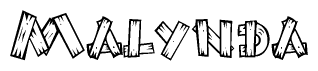 The image contains the name Malynda written in a decorative, stylized font with a hand-drawn appearance. The lines are made up of what appears to be planks of wood, which are nailed together