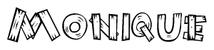 The clipart image shows the name Monique stylized to look as if it has been constructed out of wooden planks or logs. Each letter is designed to resemble pieces of wood.