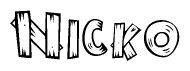   The clipart image shows the name Nicko stylized to look as if it has been constructed out of wooden planks or logs. Each letter is designed to resemble pieces of wood. 