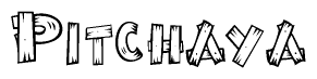 The image contains the name Pitchaya written in a decorative, stylized font with a hand-drawn appearance. The lines are made up of what appears to be planks of wood, which are nailed together