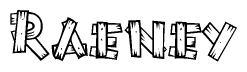 The image contains the name Raeney written in a decorative, stylized font with a hand-drawn appearance. The lines are made up of what appears to be planks of wood, which are nailed together