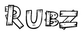 The image contains the name Rubz written in a decorative, stylized font with a hand-drawn appearance. The lines are made up of what appears to be planks of wood, which are nailed together