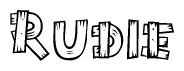 The clipart image shows the name Rudie stylized to look as if it has been constructed out of wooden planks or logs. Each letter is designed to resemble pieces of wood.