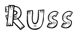 The image contains the name Russ written in a decorative, stylized font with a hand-drawn appearance. The lines are made up of what appears to be planks of wood, which are nailed together