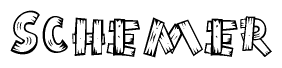 The image contains the name Schemer written in a decorative, stylized font with a hand-drawn appearance. The lines are made up of what appears to be planks of wood, which are nailed together