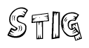 The image contains the name Stig written in a decorative, stylized font with a hand-drawn appearance. The lines are made up of what appears to be planks of wood, which are nailed together