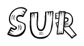 The image contains the name Sur written in a decorative, stylized font with a hand-drawn appearance. The lines are made up of what appears to be planks of wood, which are nailed together