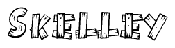 The image contains the name Skelley written in a decorative, stylized font with a hand-drawn appearance. The lines are made up of what appears to be planks of wood, which are nailed together