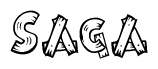 The image contains the name Saga written in a decorative, stylized font with a hand-drawn appearance. The lines are made up of what appears to be planks of wood, which are nailed together