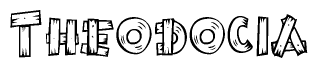 The clipart image shows the name Theodocia stylized to look like it is constructed out of separate wooden planks or boards, with each letter having wood grain and plank-like details.