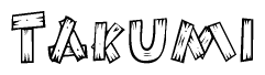 The clipart image shows the name Takumi stylized to look like it is constructed out of separate wooden planks or boards, with each letter having wood grain and plank-like details.