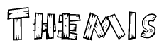 The image contains the name Themis written in a decorative, stylized font with a hand-drawn appearance. The lines are made up of what appears to be planks of wood, which are nailed together