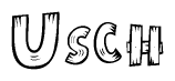 The image contains the name Usch written in a decorative, stylized font with a hand-drawn appearance. The lines are made up of what appears to be planks of wood, which are nailed together