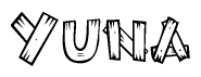 The image contains the name Yuna written in a decorative, stylized font with a hand-drawn appearance. The lines are made up of what appears to be planks of wood, which are nailed together