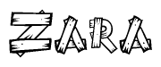 The image contains the name Zara written in a decorative, stylized font with a hand-drawn appearance. The lines are made up of what appears to be planks of wood, which are nailed together