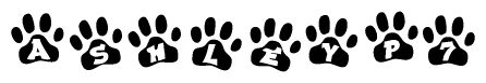 The image shows a series of animal paw prints arranged in a horizontal line. Each paw print contains a letter, and together they spell out the word Ashleyp7.