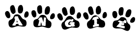 The image shows a series of animal paw prints arranged in a horizontal line. Each paw print contains a letter, and together they spell out the word Angie.