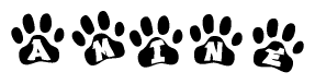 The image shows a row of animal paw prints, each containing a letter. The letters spell out the word Amine within the paw prints.