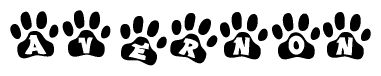 The image shows a row of animal paw prints, each containing a letter. The letters spell out the word Avernon within the paw prints.