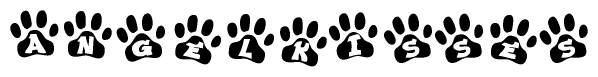 The image shows a series of animal paw prints arranged horizontally. Within each paw print, there's a letter; together they spell Angelkisses