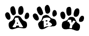 The image shows a row of animal paw prints, each containing a letter. The letters spell out the word Aby within the paw prints.