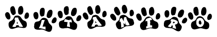The image shows a row of animal paw prints, each containing a letter. The letters spell out the word Altamiro within the paw prints.