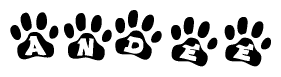 The image shows a series of animal paw prints arranged horizontally. Within each paw print, there's a letter; together they spell Andee