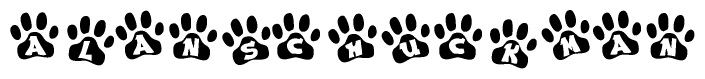 The image shows a row of animal paw prints, each containing a letter. The letters spell out the word Alanschuckman within the paw prints.