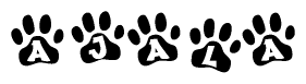 The image shows a row of animal paw prints, each containing a letter. The letters spell out the word Ajala within the paw prints.