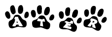 The image shows a series of animal paw prints arranged in a horizontal line. Each paw print contains a letter, and together they spell out the word Ater.