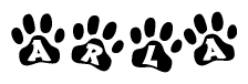The image shows a series of animal paw prints arranged in a horizontal line. Each paw print contains a letter, and together they spell out the word Arla.