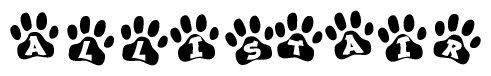 The image shows a row of animal paw prints, each containing a letter. The letters spell out the word Allistair within the paw prints.