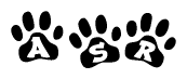 The image shows a row of animal paw prints, each containing a letter. The letters spell out the word Asr within the paw prints.