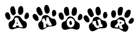 The image shows a series of animal paw prints arranged in a horizontal line. Each paw print contains a letter, and together they spell out the word Amour.