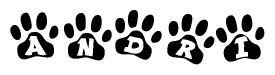 The image shows a series of animal paw prints arranged horizontally. Within each paw print, there's a letter; together they spell Andri