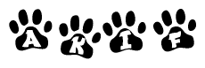 The image shows a row of animal paw prints, each containing a letter. The letters spell out the word Akif within the paw prints.