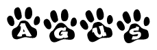 The image shows a series of animal paw prints arranged in a horizontal line. Each paw print contains a letter, and together they spell out the word Agus.