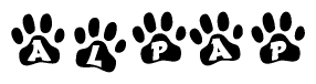 The image shows a row of animal paw prints, each containing a letter. The letters spell out the word Alpap within the paw prints.