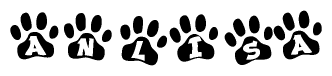 The image shows a series of animal paw prints arranged in a horizontal line. Each paw print contains a letter, and together they spell out the word Anlisa.