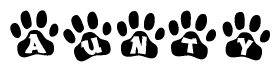 The image shows a row of animal paw prints, each containing a letter. The letters spell out the word Aunty within the paw prints.
