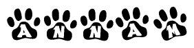 The image shows a row of animal paw prints, each containing a letter. The letters spell out the word Annam within the paw prints.