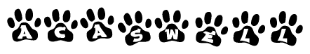 The image shows a row of animal paw prints, each containing a letter. The letters spell out the word Acaswell within the paw prints.