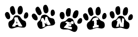 The image shows a series of animal paw prints arranged horizontally. Within each paw print, there's a letter; together they spell Amein