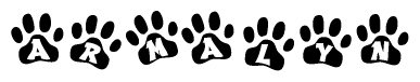 The image shows a series of animal paw prints arranged in a horizontal line. Each paw print contains a letter, and together they spell out the word Armalyn.