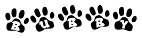 The image shows a series of animal paw prints arranged in a horizontal line. Each paw print contains a letter, and together they spell out the word Bubby.