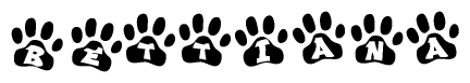 The image shows a series of animal paw prints arranged in a horizontal line. Each paw print contains a letter, and together they spell out the word Bettiana.